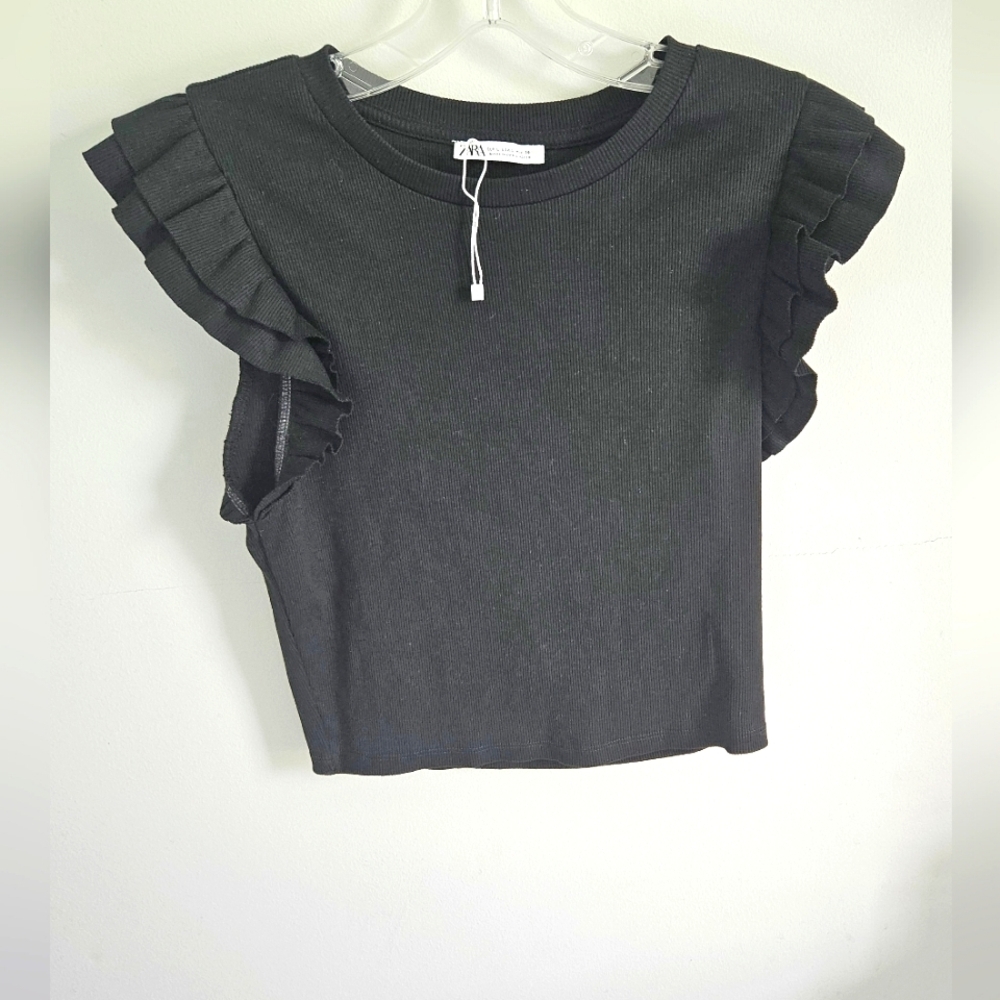 Zara Black Ruffle Sleeve Crop Top